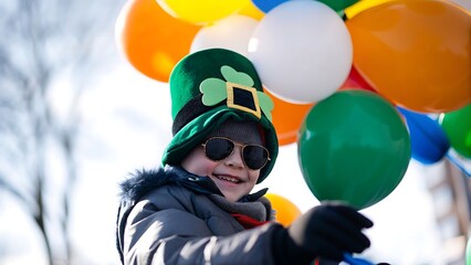 A child celebrates st patrick's day with balloons and a festive hat in outdoor setting