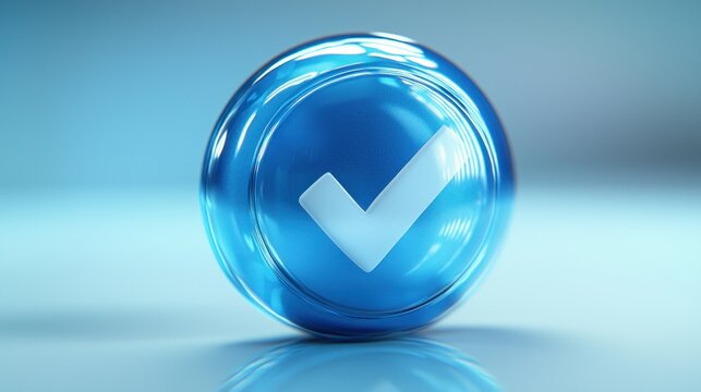Blue glassy sphere with white check mark center