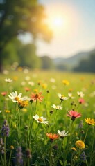 Obraz premium Sun-Drenched Meadow Wildflowers Swaying Gently in a Nostalgic Summer Breeze, Evoking Peace and Calm - Perfect for Travel, Nature, and Memory Themes