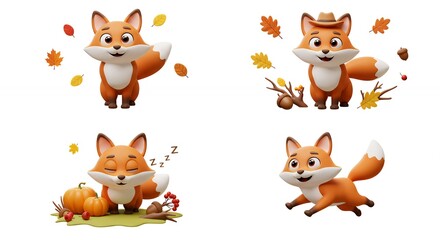 Fototapeta premium Four cartoon fox characters autumn themed illustrations