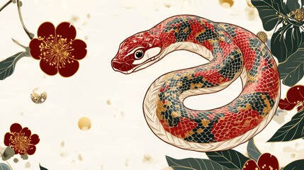 Obraz premium Serpentine elegance: A floral arrangement with a colorful snake weaving through blooms