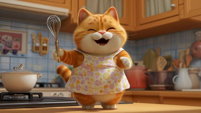 Animated orange tabby cat wearing floral dress, holding whisk, dancing joyfully in kitchen with playful expression and raised paw
