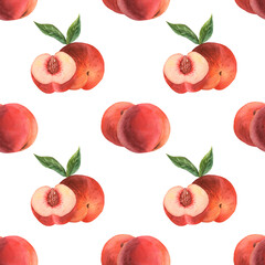 Watercolor pattern with peaches, nectarines. Pastel pattern for fabric