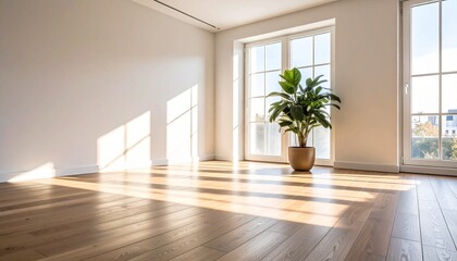 Fototapeta premium 木製の床と観葉植物、窓から差し込む光が爽やかなリビング