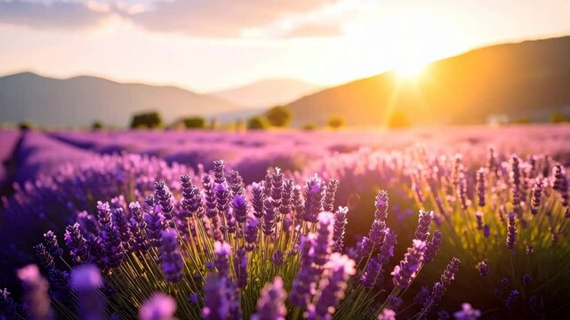A breathtaking lavender field under a stunning sunset sky, painted with warm light. The vast expanse of lavender creates a mesmerizing visual feast, offering a sense of peace and tranquility.