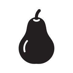 Solid glyph vector icon of a fresh pear fruit with a leaf representing a sweet and healthy food for a balanced diet and organic snack
