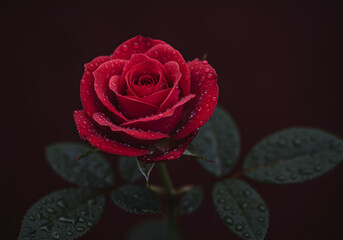 A Single Dew Kissed Red Rose in Dark Background