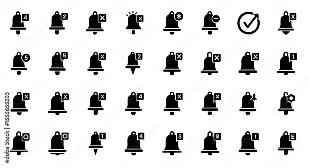 Poster vector icons set of black notification bell icons with various symbols and numbers. vector illustrat