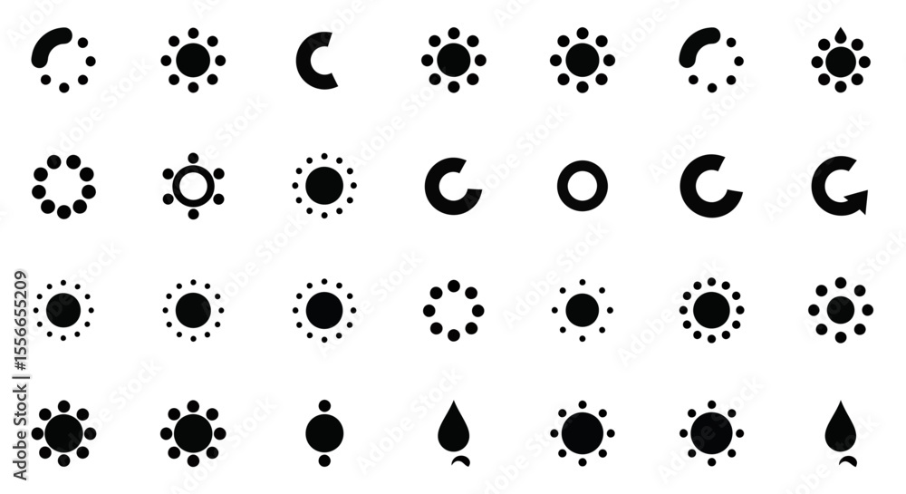 Poster vector icons set of black loading icons set circular semicircular and dropshaped symbols. vector ill