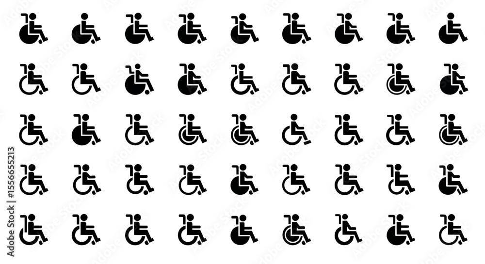Poster vector icons set of black wheelchair icons arranged in grid pattern on white background. vector illu