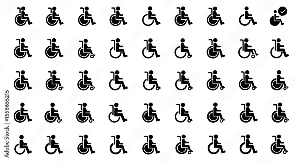 Poster vector icons set of black wheelchair icons arrayed on white background accessibility symbol. vector 