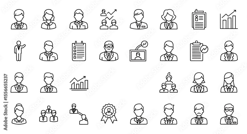 Poster vector icons set of business people and charts outline icons set professional figures and data repre