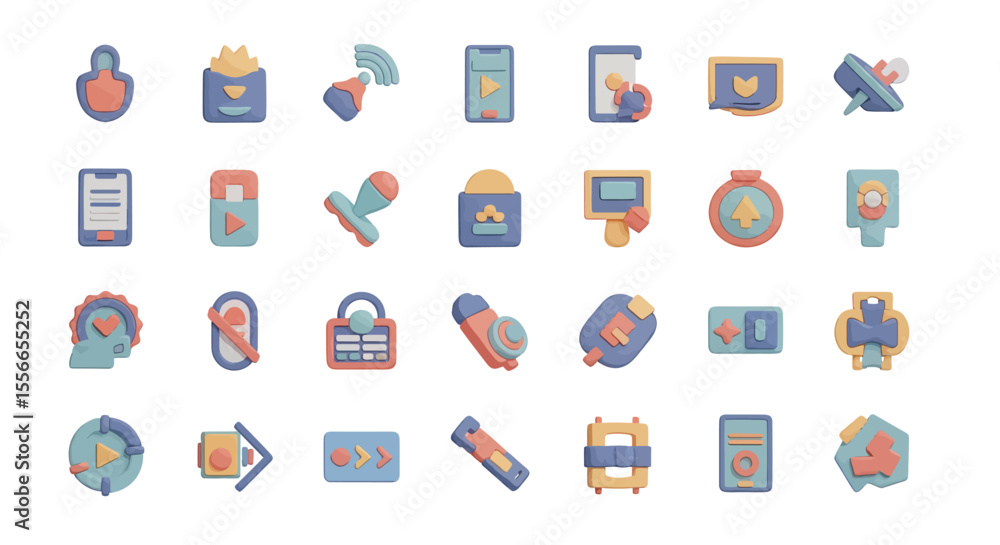 Poster vector icons set of collection of 3d clay icons with pastel colors on white background. vector illus