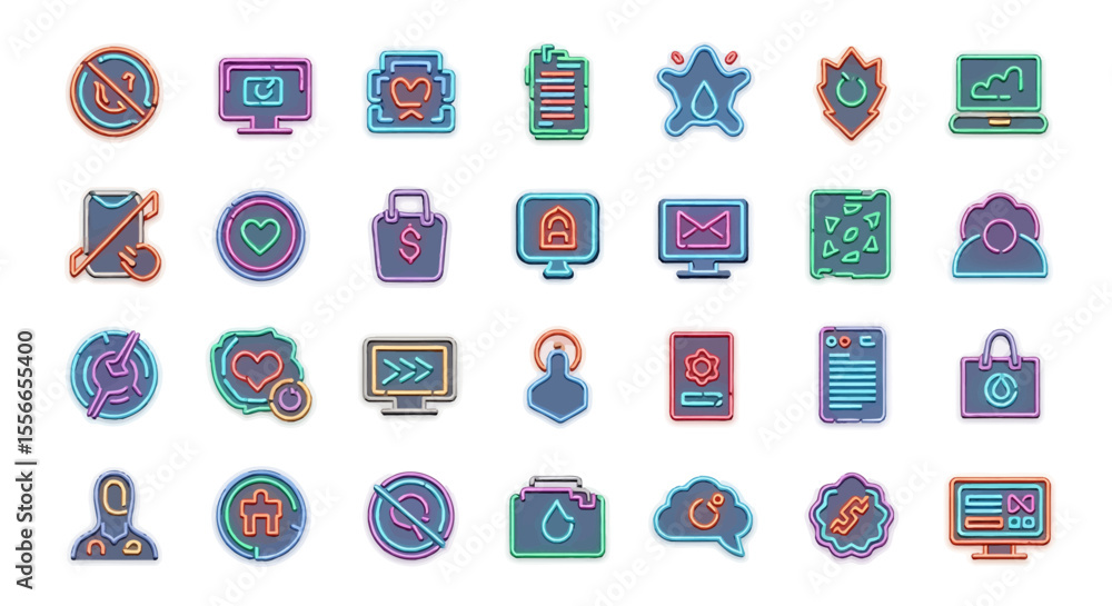 Poster vector icons set of collection of 30 vibrant neonstyle icons diverse symbols for web and app design.