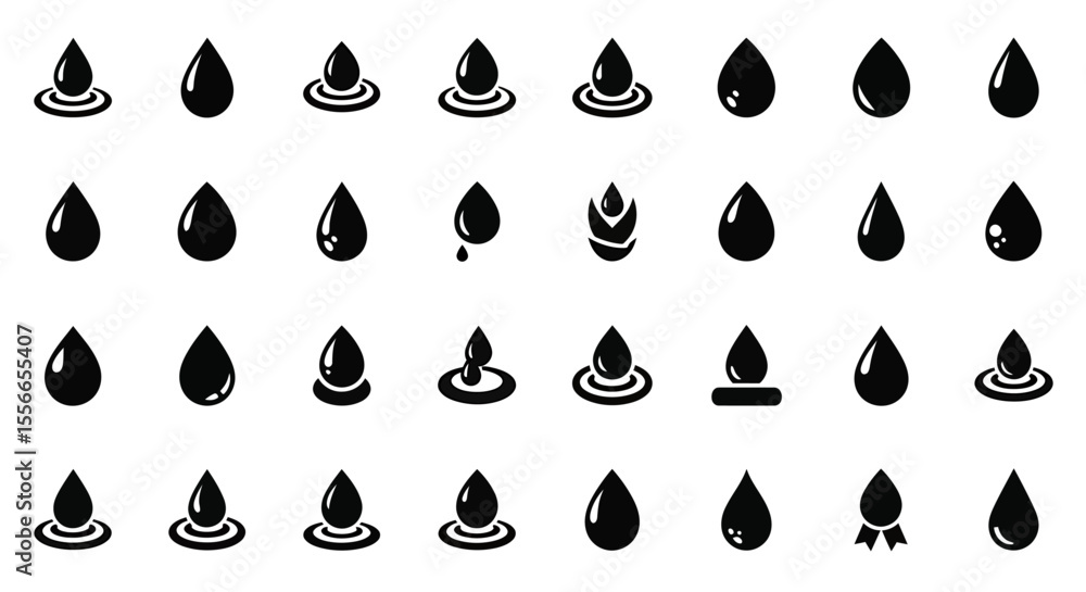 Poster vector icons set of collection of 36 black water drop icons various styles and poses. vector illustr