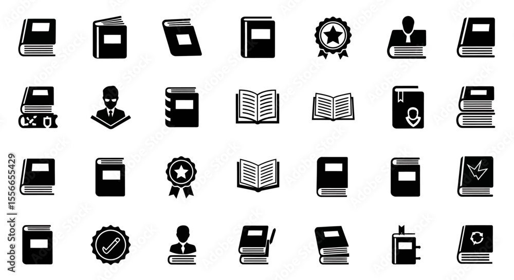 Poster vector icons set of collection of black and white book icons with various styles and attributes. vec