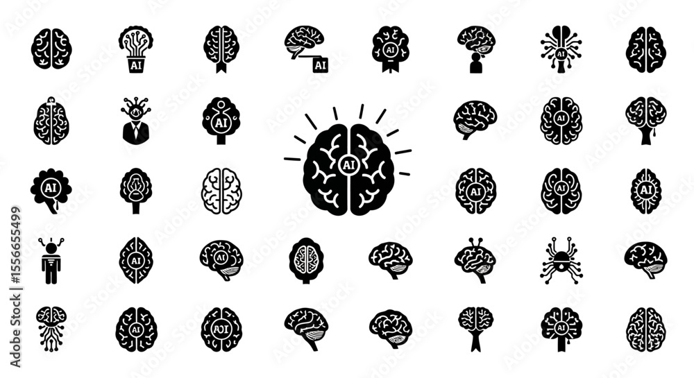 Poster vector icons set of collection of black brain icons with ai symbols artificial intelligence concepts