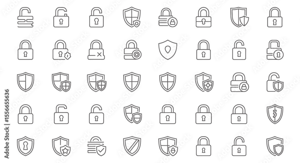 Poster vector icons set of collection of black outline padlock and shield icons security symbols. vector il