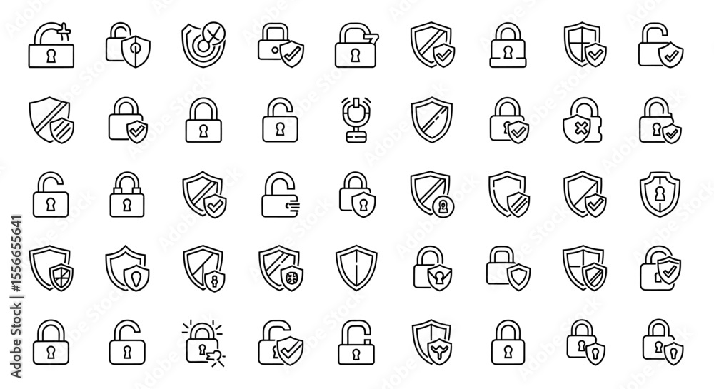 Poster vector icons set of collection of black outline security icons padlocks and shields on white. vector
