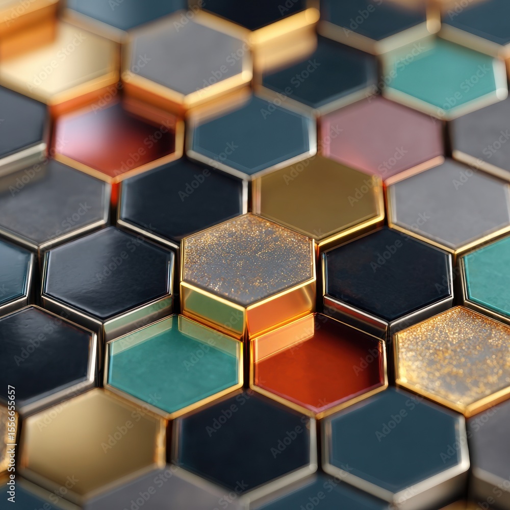 Poster colorful mosaic of hexagonal shapes with gold accents. isolated-3d-background
