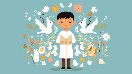 First Communion Boy Card Flat Vector Illustration