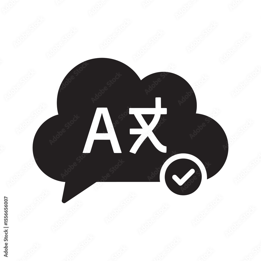 Poster approved language translation solid glyph icon with chat bubble for international communication mult