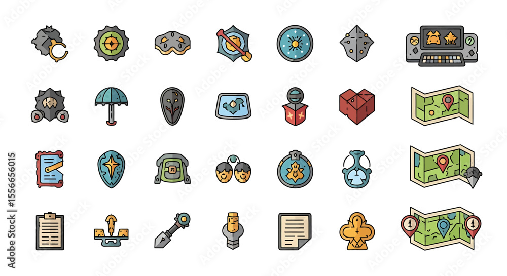 Poster vector icons set of collection of colorful flatstyle game icons adventure equipment maps and ui elem
