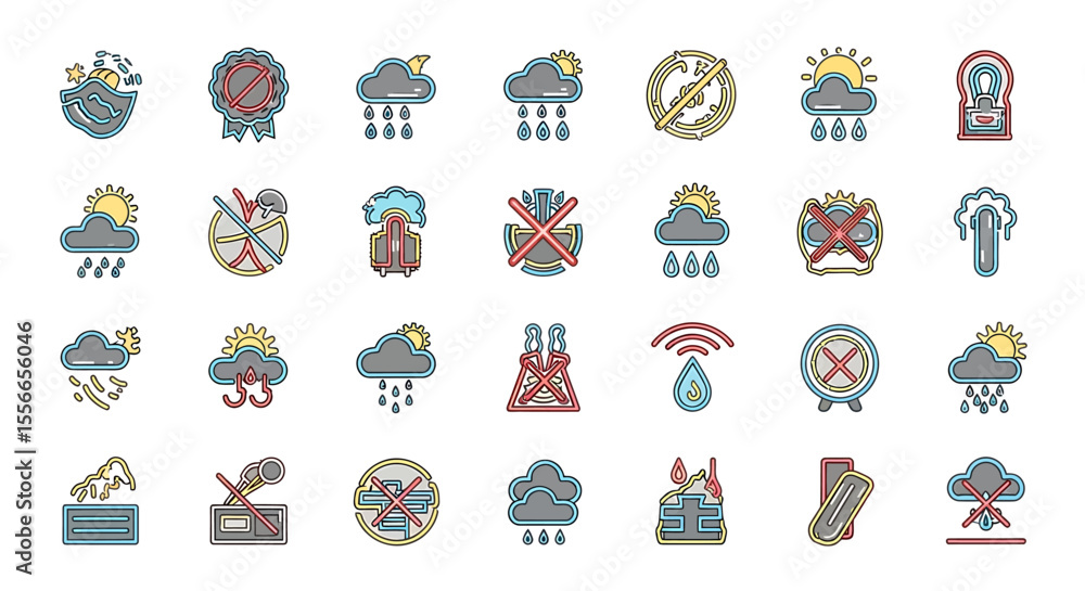 Poster vector icons set of collection of colorful line icons weather restrictions and warnings. vector illu