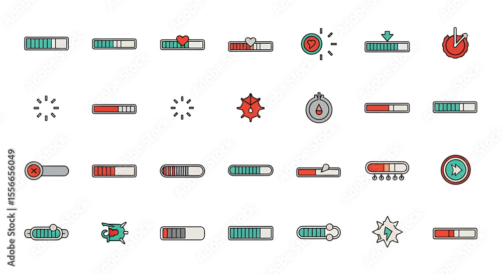 Poster vector icons set of collection of colorful loading bars and progress indicators on white background.