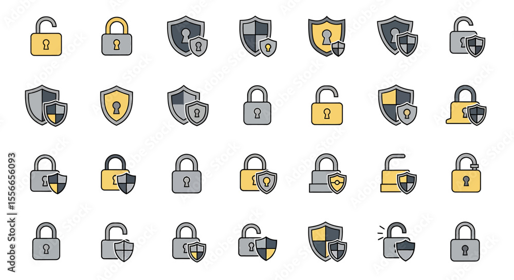 Poster vector icons set of collection of colorful padlock and shield icons representing security and protec