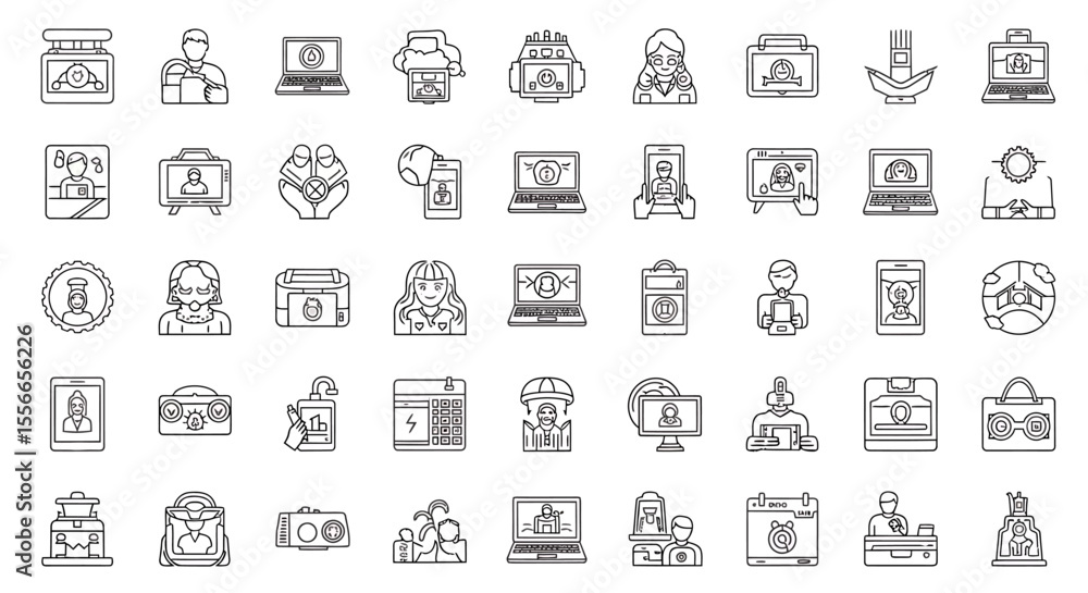 Poster vector icons set of collection of diverse line art icons depicting online communication technology a