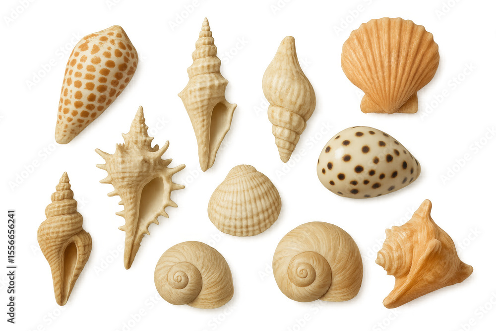 Poster ten seashells with unique shapes, textures, and patterns are displayed on a transparent background, 