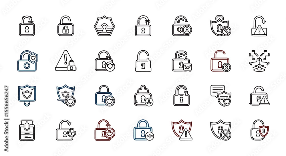 Poster vector icons set of collection of diverse linear padlock icons open closed secured and warning symbo