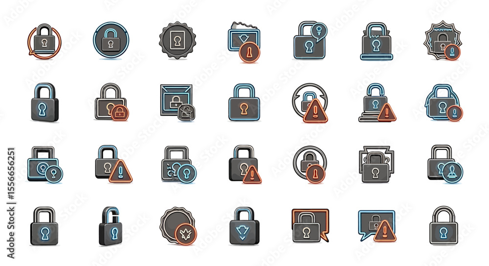Poster vector icons set of collection of diverse padlock icons 3dstyle security symbols with neon accents a