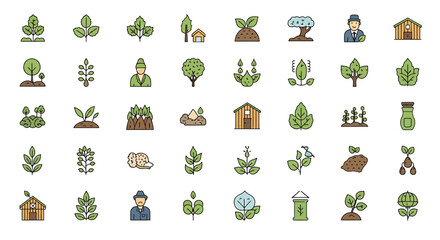 Obraz premium Vector Icons Set of Collection of Diverse Green Plant and Farm Icons Detailed Line Art Illustrations of Various Trees Shrubs Plants and Farm Structures. Vector Illustrations. EPS Editable