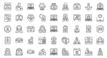 Vector Icons Set of Collection of Diverse Line Art Icons Depicting Online Communication Technology and Identity. Vector Illustrations. EPS Editable