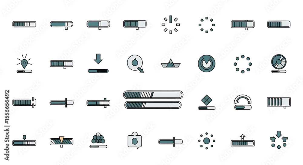 Poster vector icons set of collection of loading bar icons in teal and gray with black outlines. vector ill