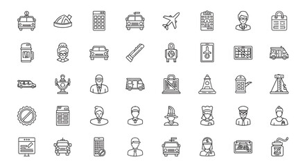 Vector Icons Set of Collection of Linear Black Airport and Transportation Icons. Vector Illustrations. EPS Editable