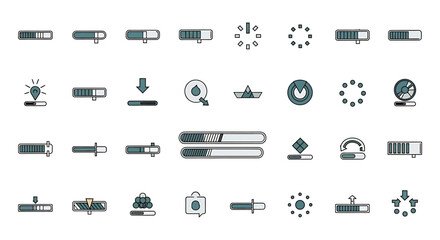 Vector Icons Set of Collection of Loading Bar Icons in Teal and Gray with Black Outlines. Vector Illustrations. EPS Editable