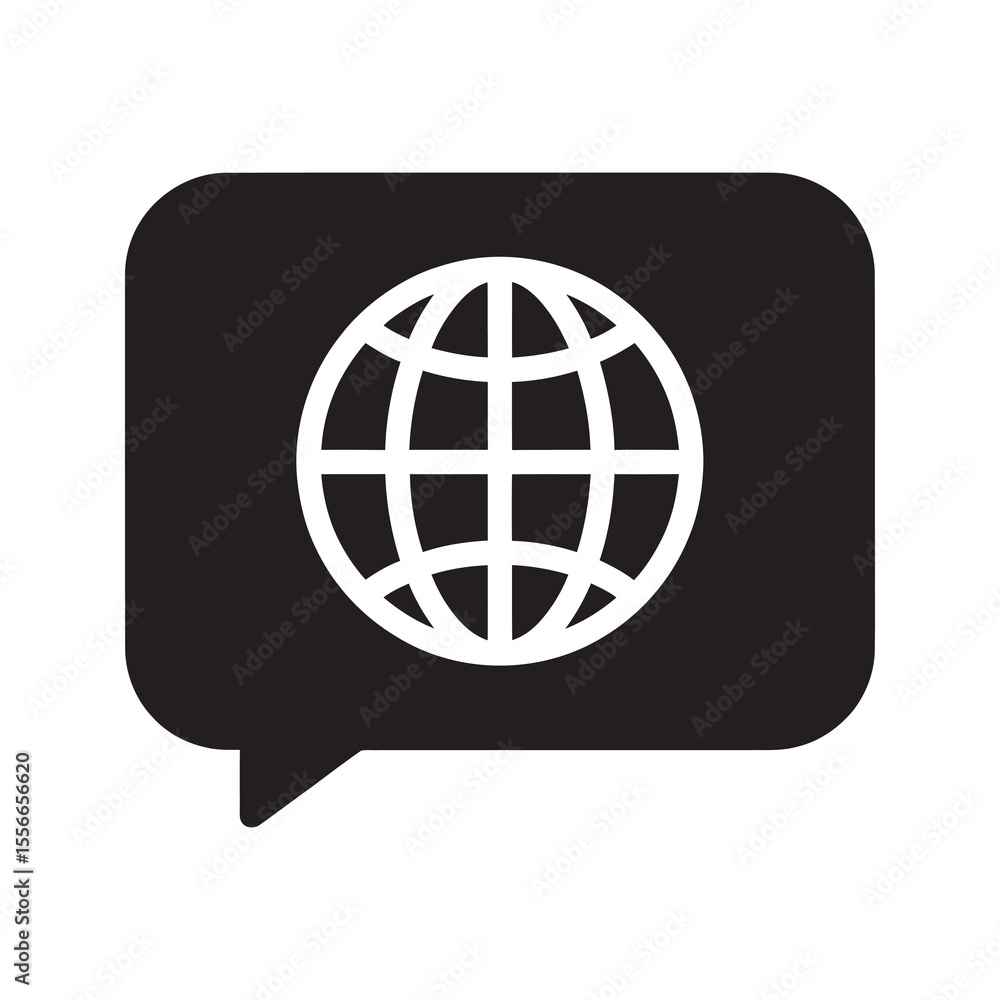 Poster global communication solid glyph icon with globe in a chat bubble for international message language