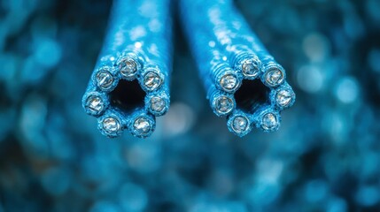 Close-up of two blue, tubular structures
