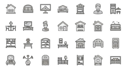 Vector Icons Set of Collection of Monochrome Home Furnishings and Structures. Vector Illustrations. EPS Editable