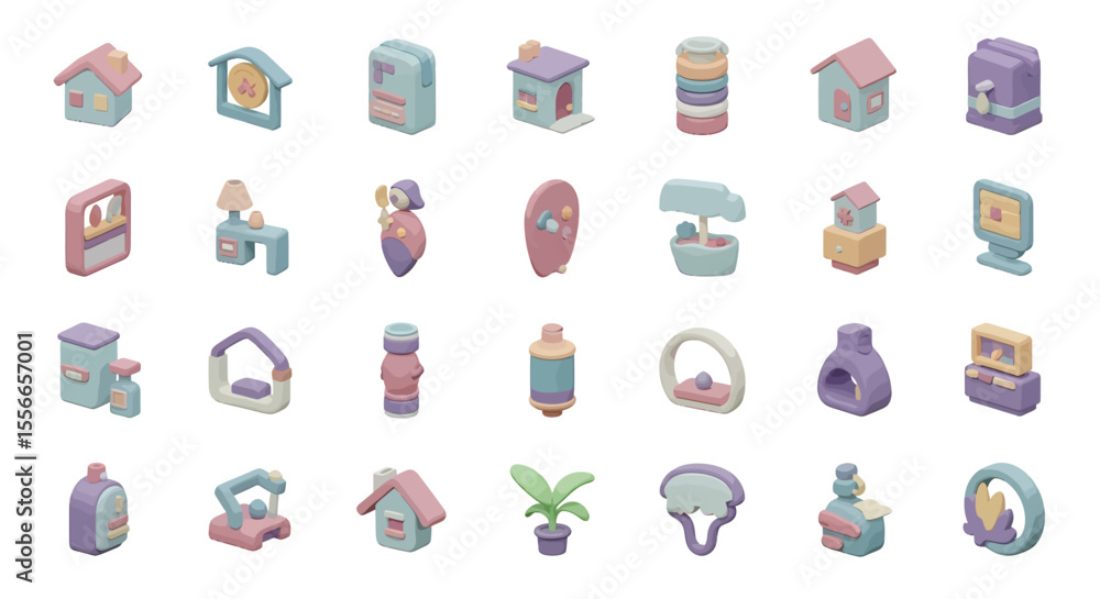 Fototapete vector icons set of collection of pastelcolored 3d rendered home and lifestyle icons on white backgr