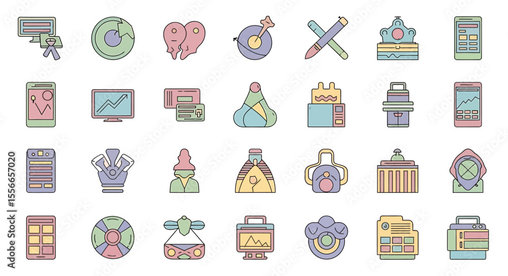 Poster vector icons set of collection of pastelcolored flat icons representing various objects. vector illu