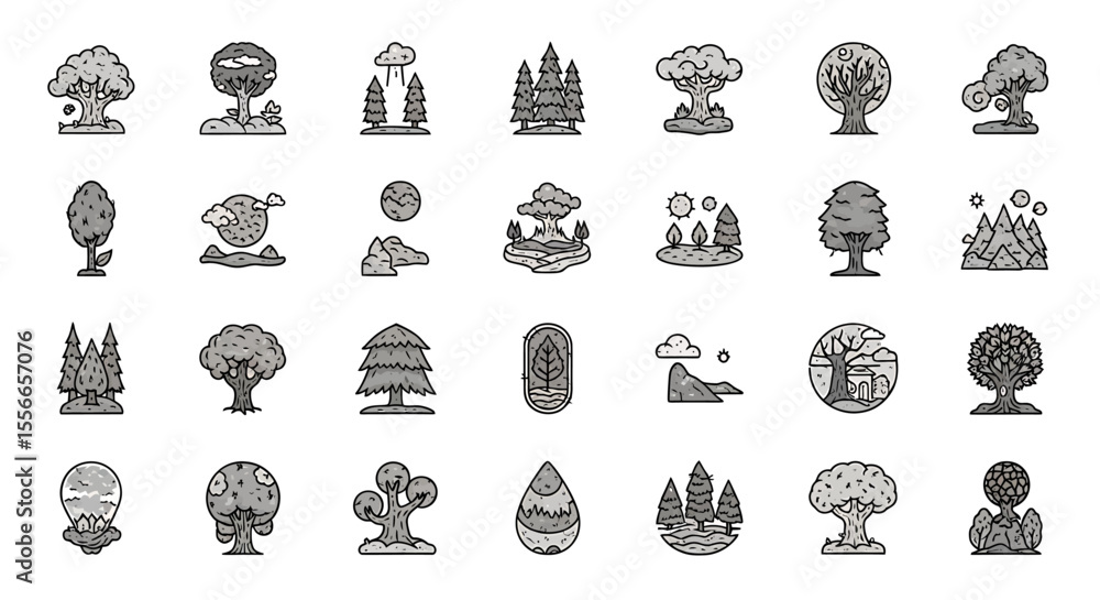Poster vector icons set of collection of stylized tree icons in black and white vector illustrations. vecto