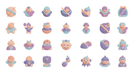 Vector Icons Set of Collection of PastelColored Baby Icons in Clay Style on White Background. Vector Illustrations. EPS Editable