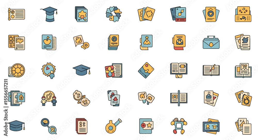 Poster vector icons set of colorful education and learning icon set with books and graduation caps. vector 