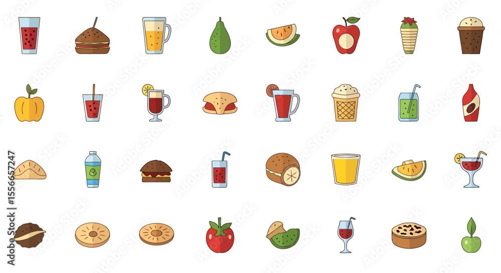 Poster vector icons set of colorful flat icons of various foods and drinks showing different types of fruit