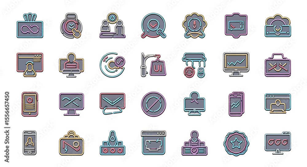 Poster vector icons set of colorful neon outline icons of various technology and web services. vector illus