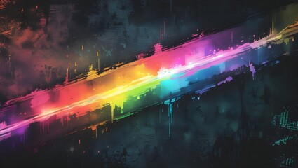 A vibrant diagonal light leak exhibiting a rainbow gradient. 